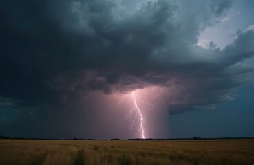 Poster - Dramatic thunderstorm with lightning strikes over open wheat field. Dark stormy sky, weather thunder nature background. Electric bolt, flash. Night energy. Summer rainstorm, extreme climate, meadow