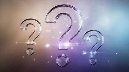 Poster - Three glass question marks float against a blurred purple and beige background, suggesting inquiry, uncertainty, or the search for answers