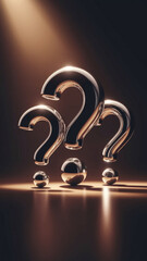 Poster - Three metallic question marks and spheres on a brown background, illuminated by a spotlight, showcasing uncertainty or inquiry, ideal for a website banner or presentation