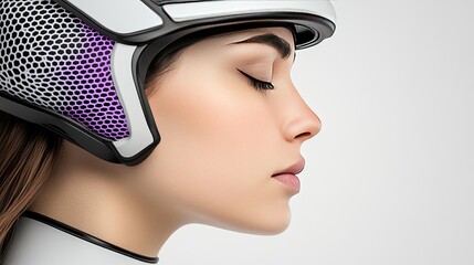 Poster - Futuristic robot head features intricate purple details, showcasing advanced technology in a minimalist setting that emphasizes design