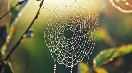 Wall Mural - A stunning spiderweb adorned with dew drops  nature s masterpiece of fragility and geometry