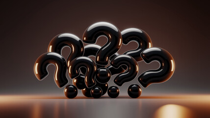 Aufkleber - Glossy black question marks and spheres, arranged in a cluster, set against a dark brown background, symbolizing inquiry, uncertainty, or problem-solving