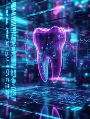 Aufkleber - Futuristic glowing dental implant design in a high-tech digital interface with neon colors and wireframe aesthetics