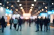 © miss irine - Blurry defocused people walk trade show exhibition center international event. Bokeh light, hall interior, modern design. Crowd business people, commerce seller, seminar negotiation. Organizer