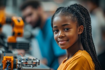 a young black girl smiles, near robotic equipment and person in blurred background