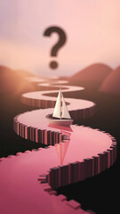 Poster - Small sailboat on winding pink path, question mark blurred in background, symbolizing journey, uncertainty, and decision-making process