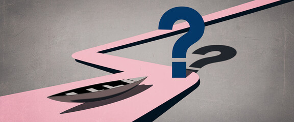 Poster - Boat on pink path leading to large question mark, symbolizing uncertainty, choices, or journey concept