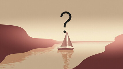 Poster - Sailboat on calm water between reddish hills, question mark above, symbolizing uncertainty, journey, exploration, or finding direction