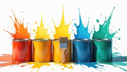 Poster - Colorful paint cans, brush in vibrant design illustration. Red, yellow, orange, blue, green paints splash on white background. Art, craft, painting, renovation, home improvement concept. Palette of