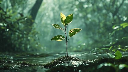 Wall Mural - seedling in forest: a solitary, vibrant green seedling emerges from the earth, illuminated by sunbea