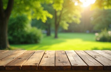 Poster - Empty rustic wooden table display for product montage in sunny park background. Nature backdrop with green grass, blurred trees and sun flare. Table top for food, drink or object presentation.