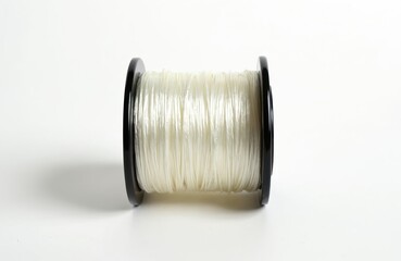 Aufkleber - Spool of transparent nylon thread. Can be used to make jewelry, clothing or fishing line. Craft sewing material. White background with copy space for design, advertising.