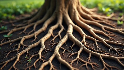 Poster - Tree roots symbolize family heritage connections. Roots grow from trunk, spreading powerful branches. Deeply rooted ancestry represents strength, growth. Natural wood texture evokes organic origins,