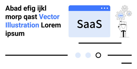 text elements, a browser window labeled saas, and robotic hand with crm. ideal for saas, crm, busine