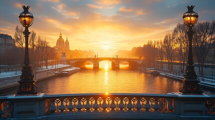 Poster - Sunrise City River Bridge Golden Hour Peaceful View
