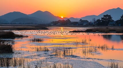 Poster - Sunset Landscape with Birds and Mountains