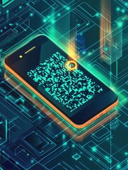 Aufkleber - High-tech smartphone scanning QR code for order pickup in a futuristic digital environment with sleek interface displayed vividly