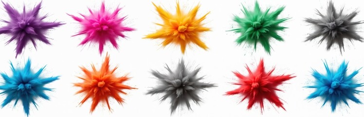 Poster - Ten vibrant colored powder explosions with dynamic burst effect isolated on white background. Purple pink orange green teal blue red yellow gray black colours for Holi festival celebrations creative