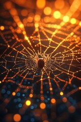 Wall Mural - Beautiful spider web in wild field with dew in morning in Spring.