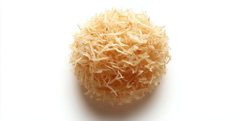 Poster - Natural wooden sphere made from thin wood shavings, creating a textured aesthetic for decorative or craft purposes, isolated on a white background.