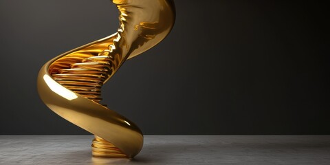 Poster - Gleaming Gold DNA Helix Sculpture on Modern Gray Background, Abstract Concept of Science.