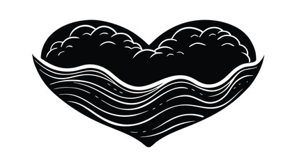 Poster - HeartShaped Ocean Waves with Clouds Monochrome Art Design