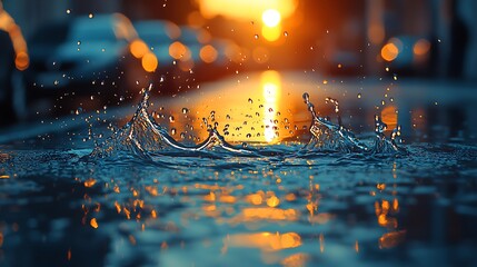 Aufkleber - Water Droplets Splashing in Urban Sunset