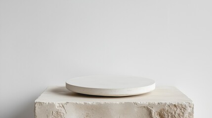Poster - Minimalist display with a round concrete pedestal on a textured stone surface in a modern setting