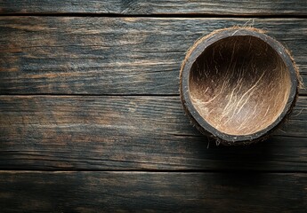 Poster - Rustic coconut shell bowl placed on aged wooden table surface with natural grain texture and warm tones, ideal for organic and eco-friendly concepts