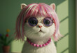 © yewon - Un gato blanco con una peluca punky que celebra el Día de los Inocentes.