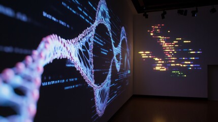 Aufkleber - Digital graphics illustrate the intersection of artificial intelligence and bioinformatics on a large display.