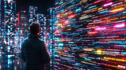 Fototapete - Exploring a vibrant cityscape illuminated by digital data and animated visuals in futuristic setting