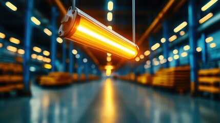 Poster - This image features a bright tube light hanging in an industrial environment, showcasing the industrial elements while enhancing the atmosphere with its warm illumination.