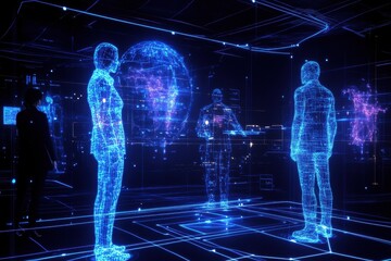 Poster - Business professionals collaborating on a virtual screen in a futuristic workspace, The business people working on a virtual screen with holograms
