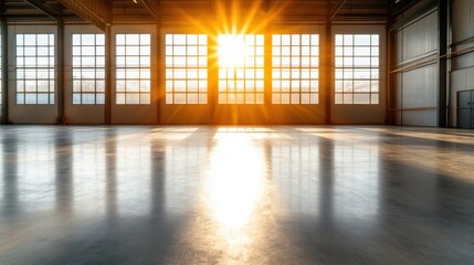 Poster - Radiant sunlight pours into a warehouse, illuminating the floor and creating a warm, inviting atmosphere that highlights the space's industrial charm.