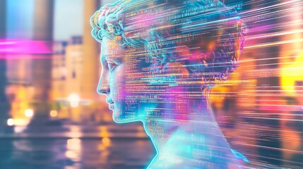 Poster - ancient sculpture illuminated by digital effects in urban landscape at night
