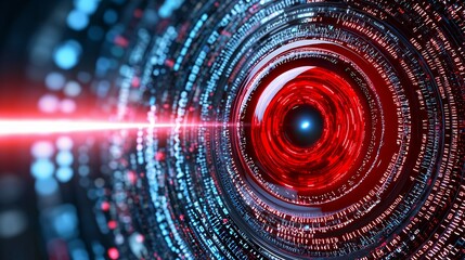 Poster - Abstract Digital Spiral with Red Light and Glowing Particles on Dark Background
