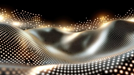 Fototapete - Abstract representation of a futuristic network with glowing lines and a shiny silver mesh surface in a dark digital expanse.