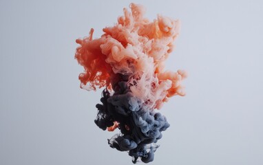 Poster - Abstract Coral And Charcoal Ink Clouds On Light Gray Background