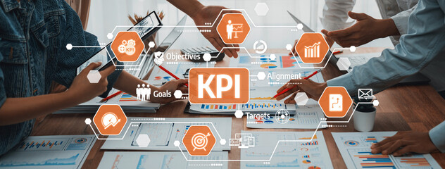 Aufkleber - A collaborative scene showcasing KPI metrics and data visualization, emphasizing business strategy, goal alignment, and performance measurement among professionals. Amity