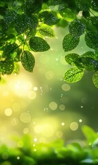 Poster - Sunlit green leaves with water droplets and soft bokeh light effect
