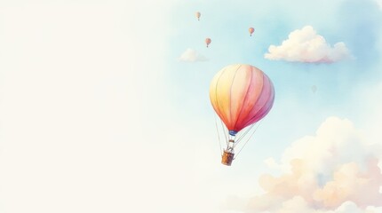  A cheerful watercolor painting of a pastel hot air balloon drifting through the sky, with a soft and minimal background, leaving a perfect space for text