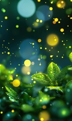 Poster - Green leaves with dewdrops and glowing bokeh lights creating magical atmosphere