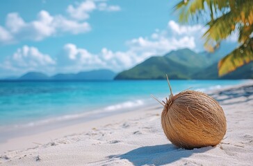 Poster - Tropical Coconut on Sandy Beach with Clear Blue Water and Lush Green Mountains in the Background under Bright Sunny Sky with Fluffy White Clouds