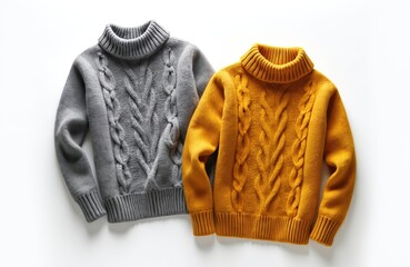 Poster - Two warm woolen cable knit sweaters in gray and orange color on white background. Fashionable winter clothing concept. Stylish wool jumpers for cold weather. Classic knitwear design showcase.