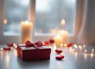 Aufkleber - Red gift box, candles and heart garland creating romantic atmosphere