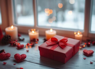 Aufkleber - Red gift box, candles and hearts creating romantic valentine's day atmosphere