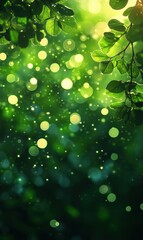 Poster - Green bokeh background with leaves and sunlight creating a magical atmosphere