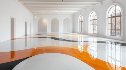 Poster - A vivid abstract design features fluid, colorful patterns spread across the floor, creating a unique visual experience that engages and enhances the gallery's atmosphere.