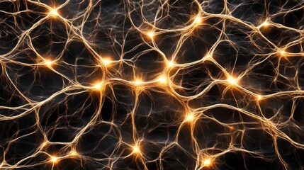 Poster - A close-up, abstract representation of interconnected neurons or a neural network, with glowing nodes and branching fibers against a dark background